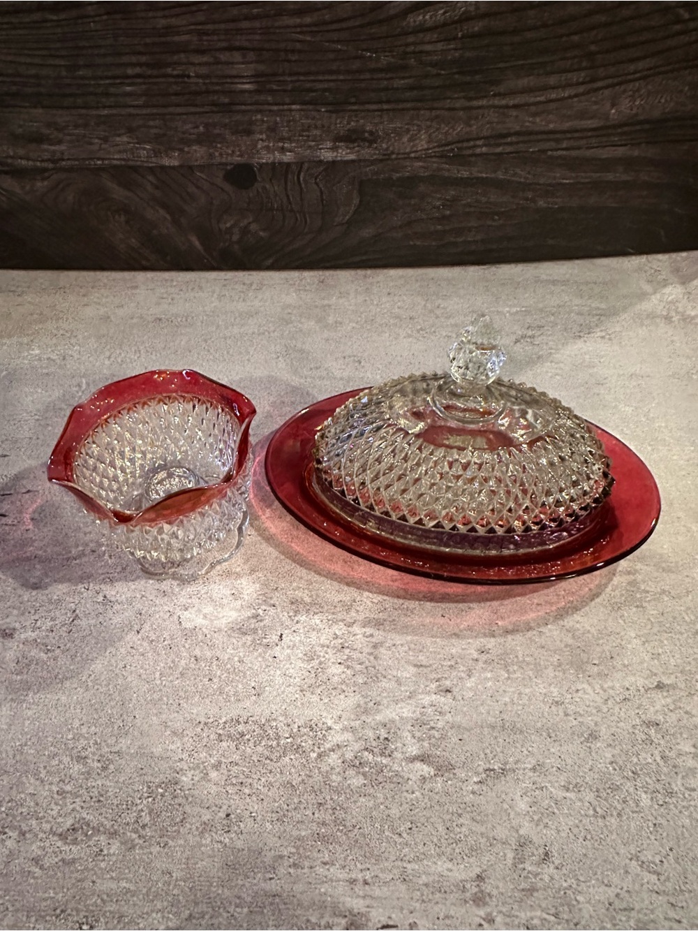 Indian Glass Diamond Point Ruby Flash Covered Butter/Cheese Dish & Ruffled Bowl